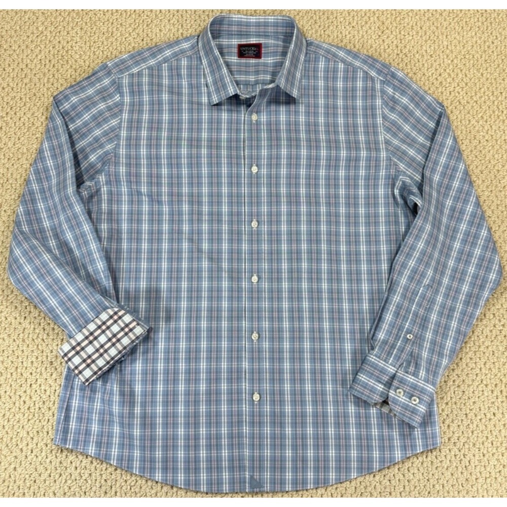 Untuckit Shirt Mens 2XL Blue Plaid Slim Fit FELTON WF Long Sleeve Flip Cuff